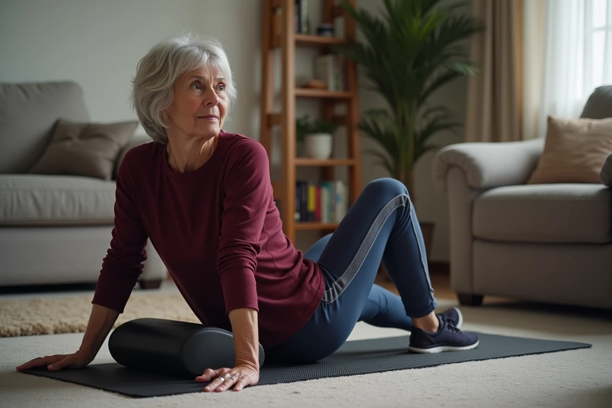 Femme senior pratiquant des sit-ups modifiés sur tapis d'exercice noir avec support en mousse à domicile