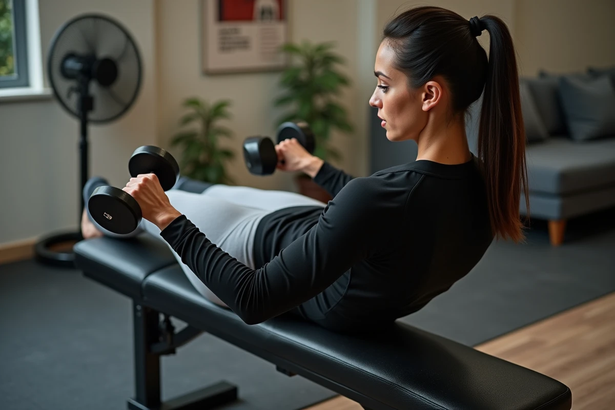 Femme exécutant un skull crusher avec haltères allongée sur un banc plat en home gym