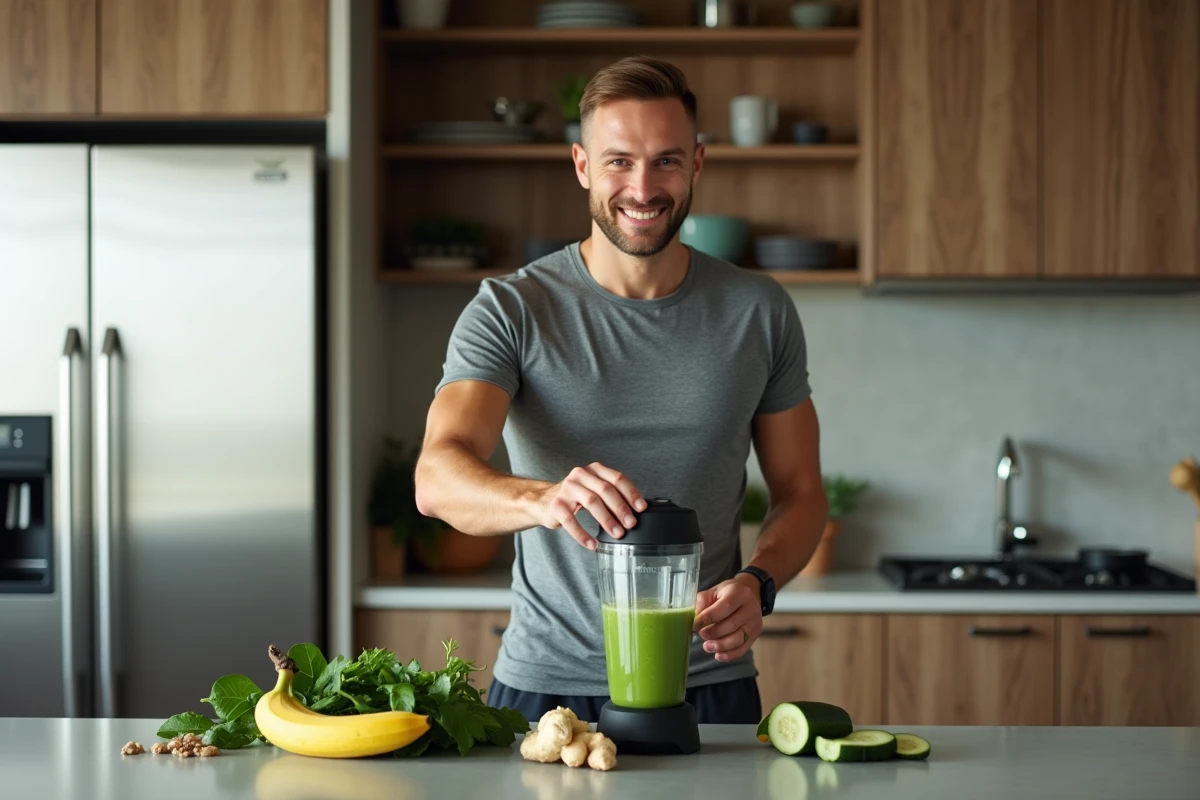 Homme préparant un smoothie vert avec épinards et gingembre dans une cuisine moderne pour mincir du ventre