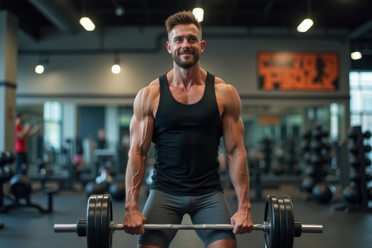 Homme réalisant un soulevé de terre avec haltères pour renforcer les muscles lombaires en salle de sport