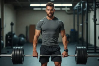 Homme musclé effectuant un soulevé de terre pour renforcer les muscles lombaires en salle de sport