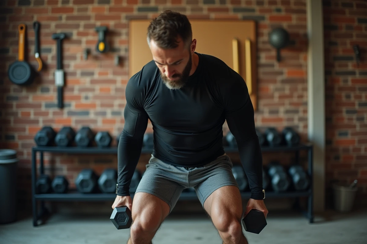 Homme réalisant un soulevé de terre roumain avec haltères dans un garage home gym pour les lombaires