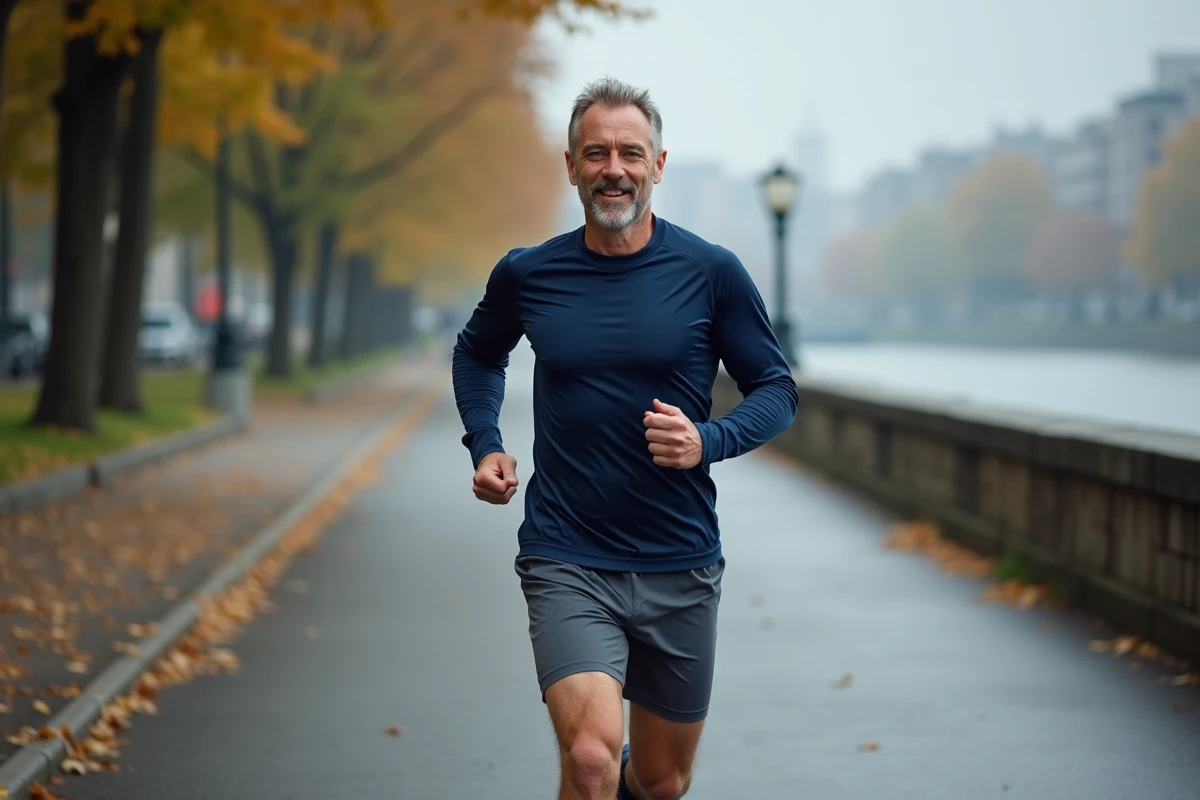 Homme qui court sur un chemin urbain en bord de rivière, une activité cardio efficace pour brûler la graisse abdominale