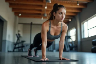 Femme faisant un exercice de gainage et de mountain climber en salle de sport pour renforcer et affiner la sangle abdominale