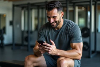 Sportif consultant une application d'entraînement sur smartphone dans une salle de sport moderne
