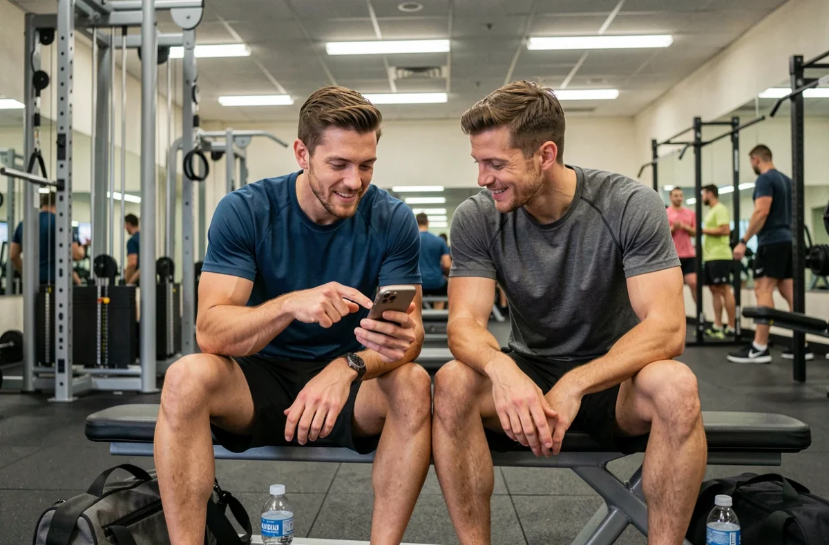 Deux sportifs en salle de musculation partageant des conseils de la communauté JVC Muscu sur smartphone après l'entraînement