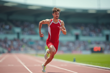 Jeune sprinteur en pleine course sur piste extérieure