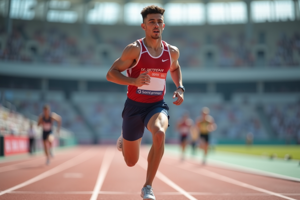 Jeune sprinteur déterminé franchissant la ligne d'arrivée