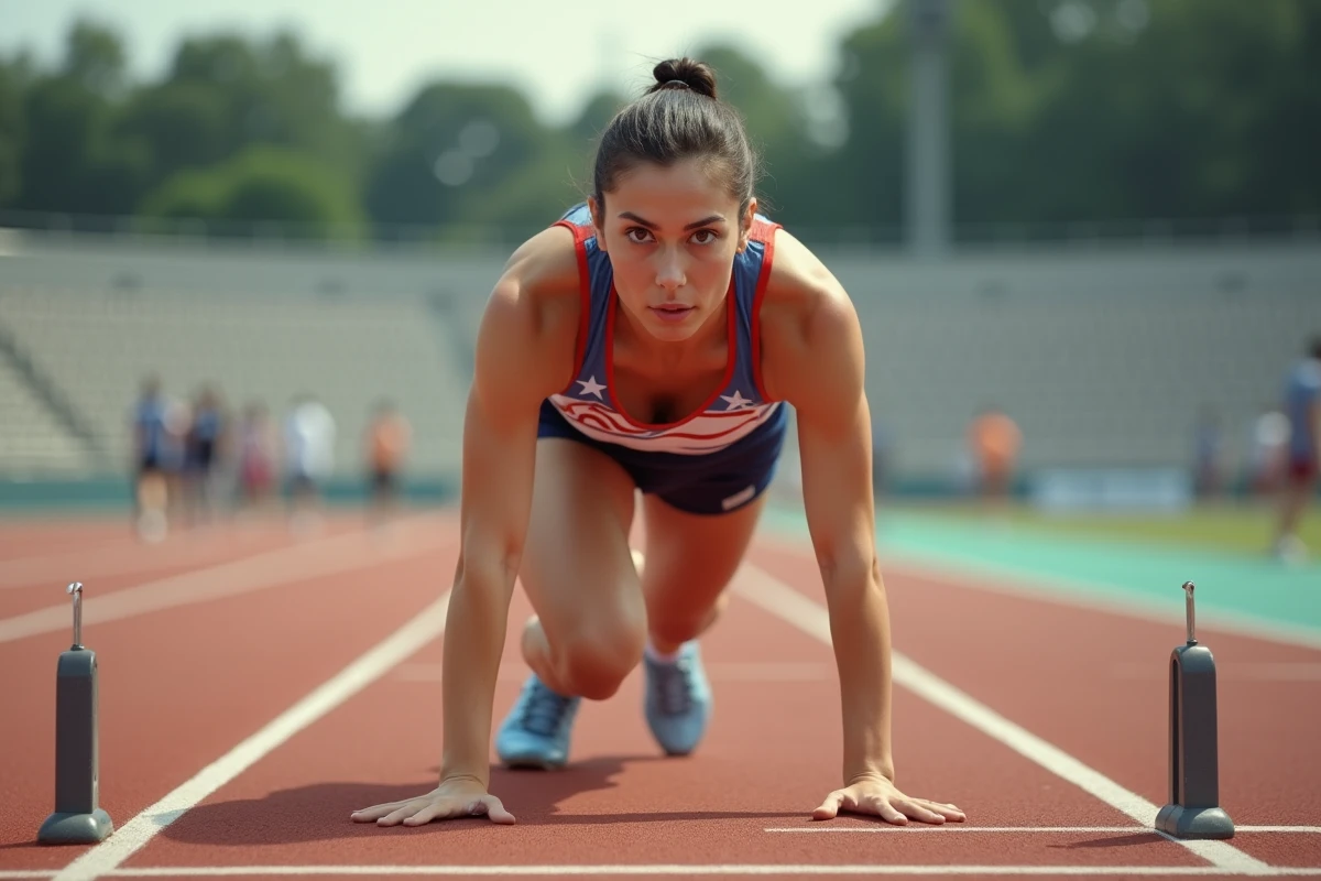 Sprinteuse dans les starting-blocks prête pour un 100 mètres dans un stade d'athlétisme historique