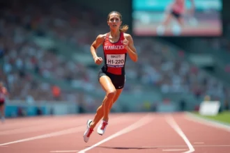 Sprinteuse franchissant la ligne d'arrivée sur une piste d'athlétisme lors d'une compétition internationale de 100 mètres