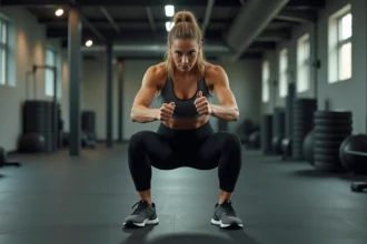 Femme effectuant un squat profond en salle de sport pour muscler les fessiers