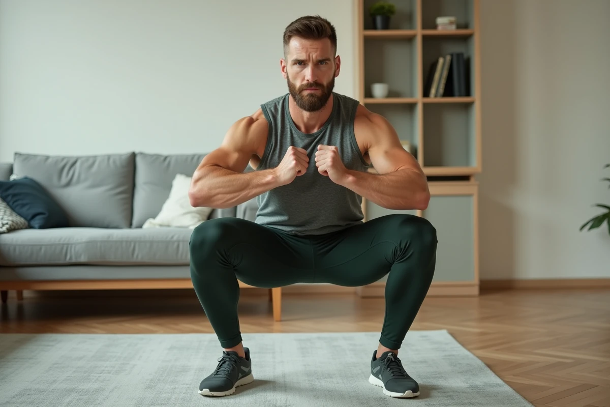 Homme réalisant des squats au poids du corps pour renforcer les muscles stabilisateurs du bas du dos