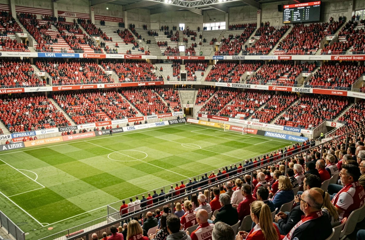 Vue panoramique d'un stade de Ligue 1 en France avec des tribunes partiellement remplies, illustrant les défis économiques du football français face à la Premier League