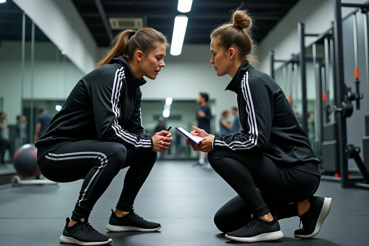 Étudiante en formation de coach sportif supervisant la technique d'un athlète lors d'un stage pratique en salle de fitness