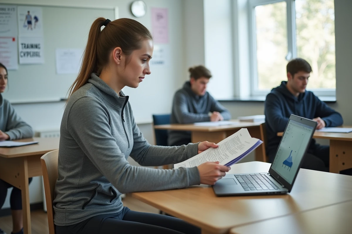 Stagiaire en formation BPJEPS coach sportif révisant son cours dans une salle de classe d'un centre de formation sportif