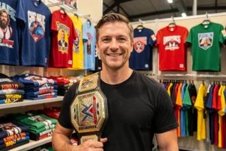Fan tenant une ceinture de championnat WWE en réplique dans un stand de merchandising officiel à Paris