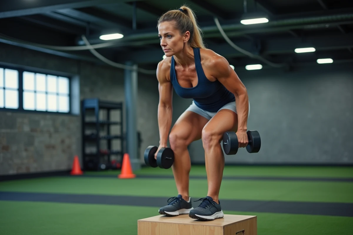 Femme réalisant des step-up sur plyo box avec haltères pour muscler les cuisses