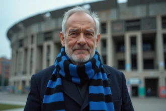 Supporter de l'Inter Milan portant une écharpe vintage devant la façade du Stadio Giuseppe Meazza à Milan