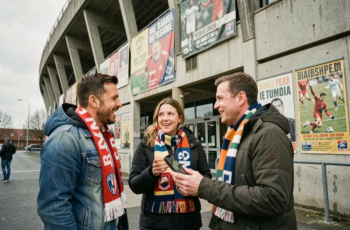 Supporters de football devant un stade européen débattant du club actuel d'Eden Hazard en 2026
