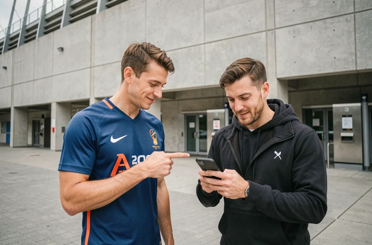 Deux supporters devant un stade photographiant le maillot Nike officiel de la Coupe du Monde 2026