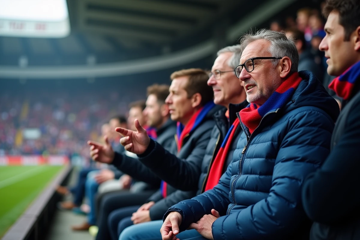 Supporters de football en tribune discutant des performances et de la valeur d'un joueur professionnel, évoquant le débat public autour du salaire de Lucas Hernández