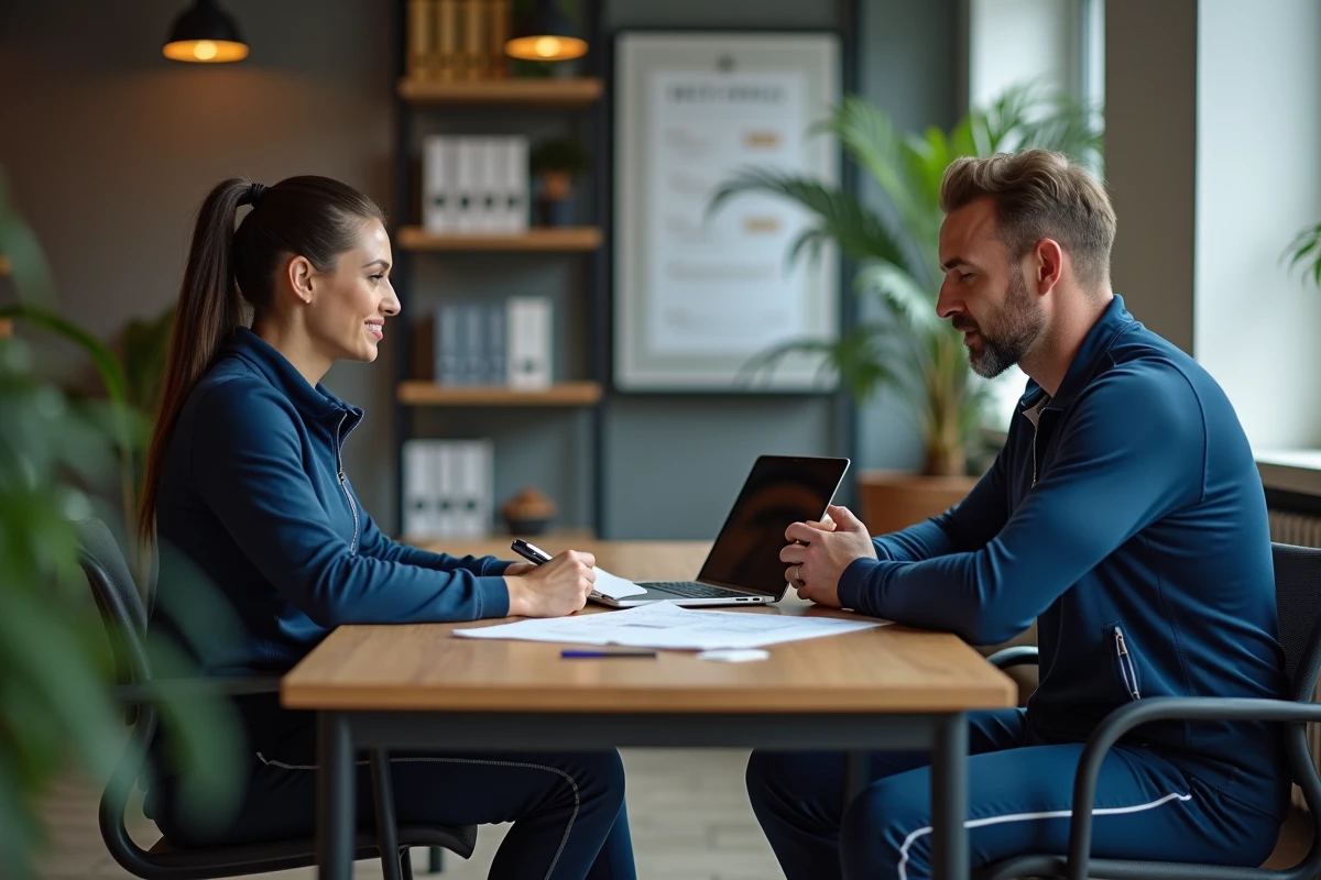 Coach sportive discutant des tarifs et forfaits d'entraînement avec un client dans un bureau de studio fitness