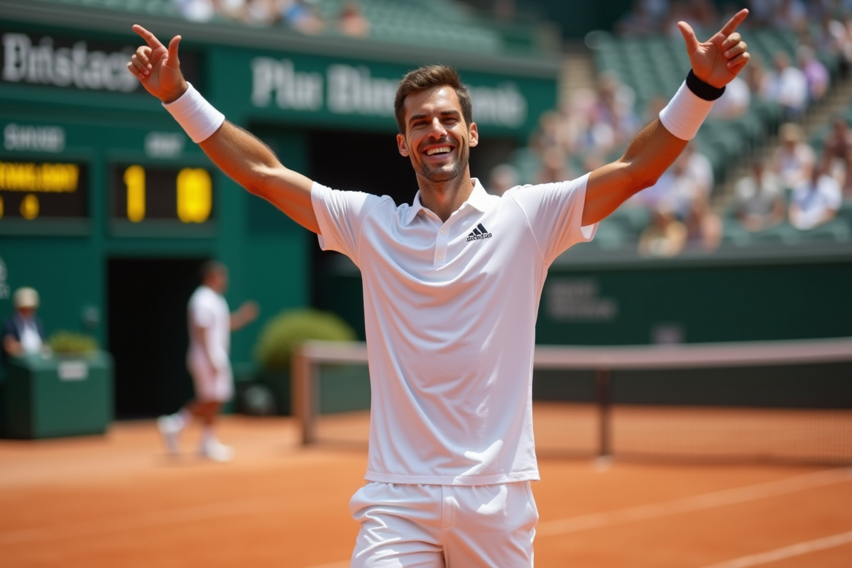 Tennisman masculin souriant après victoire sur court en terre battue