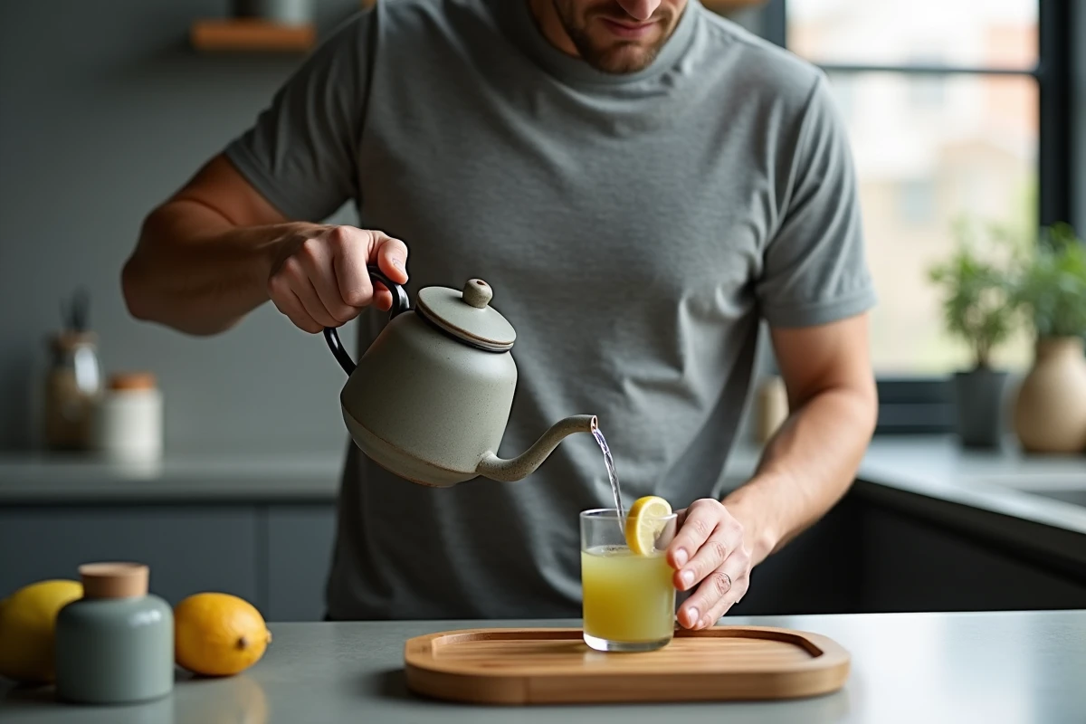 Homme préparant un thé vert chaud comme boisson minceur pour perdre la graisse du ventre