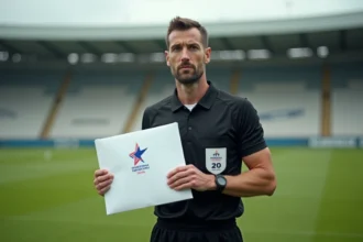 Arbitre tenant une enveloppe de tirage au sort de la Coupe de France Pays de la Loire dans un stade régional