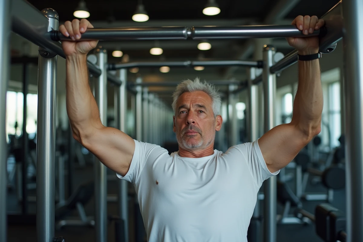 Homme de 40 ans effectuant un tirage vertical à la poulie haute pour muscler le dos