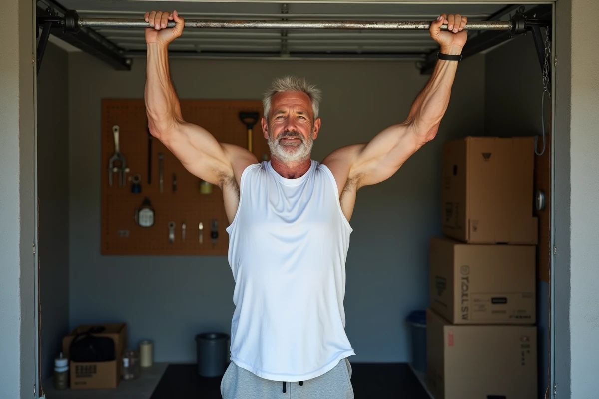 Homme d'âge moyen effectuant une traction à la barre dans un garage aménagé pour muscler les bras
