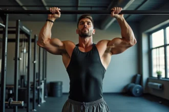 Homme musclé effectuant des tractions à la barre dans une salle de sport pour renforcer le dos