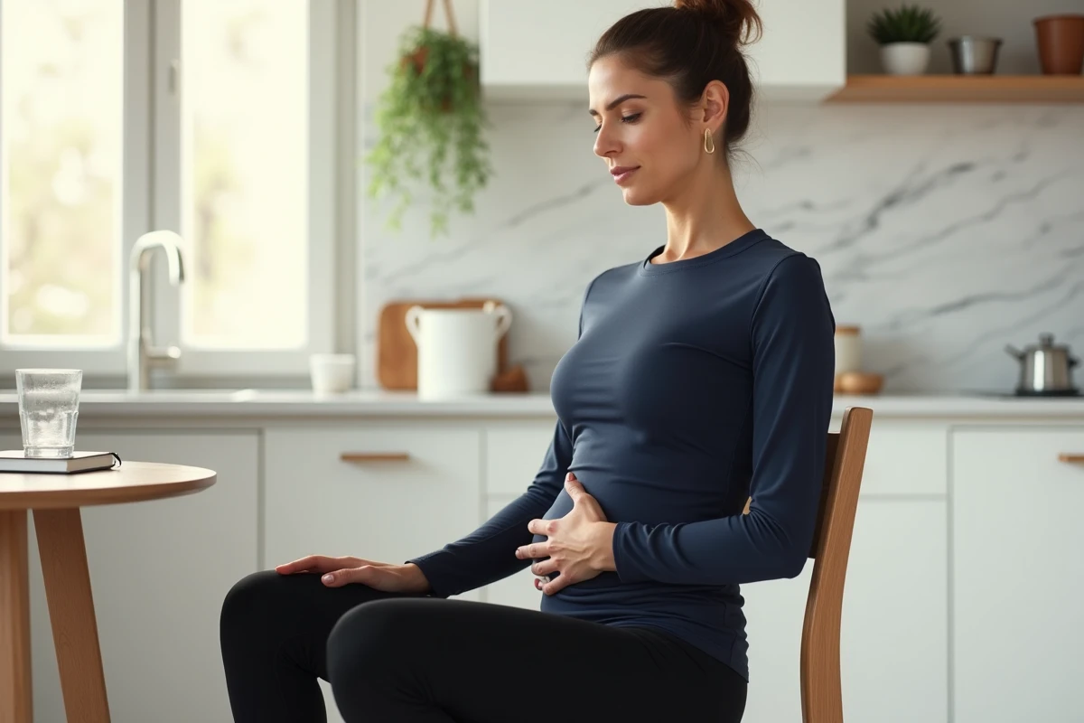 Femme pratiquant le vacuum abdominal assise sur une chaise dans une cuisine moderne lumineuse pendant une pause