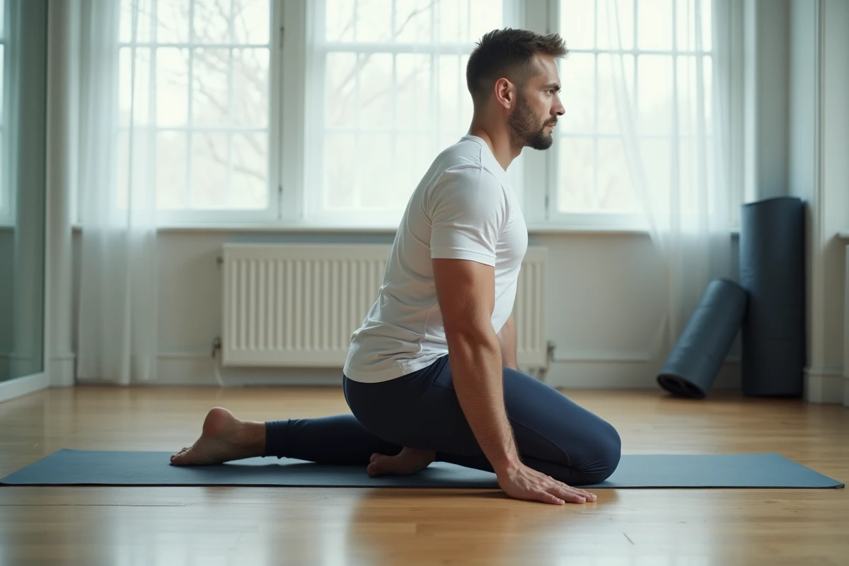 Homme en position quadrupède pratiquant le vacuum abdominal dans un studio de yoga lumineux avec parquet en bois