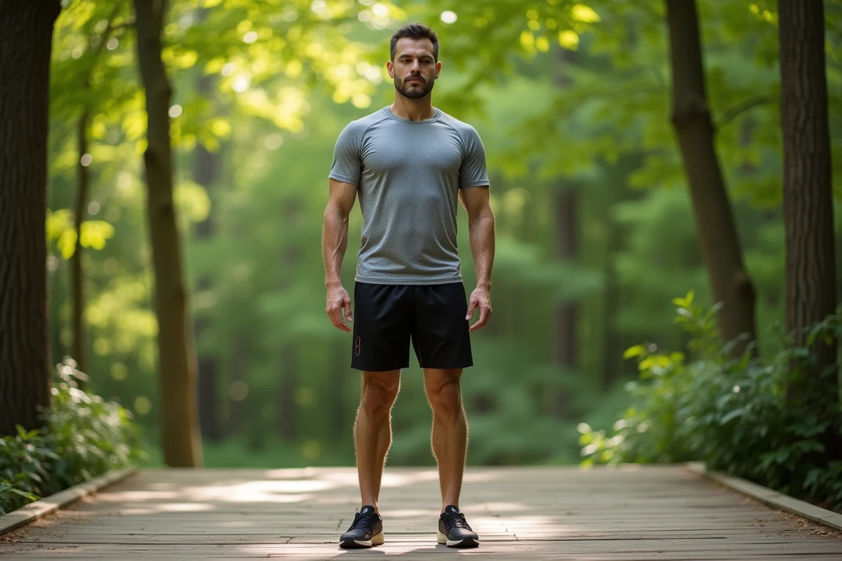 Homme pratiquant l'exercice vacuum debout sur une terrasse en bois entourée de verdure dans un cadre naturel