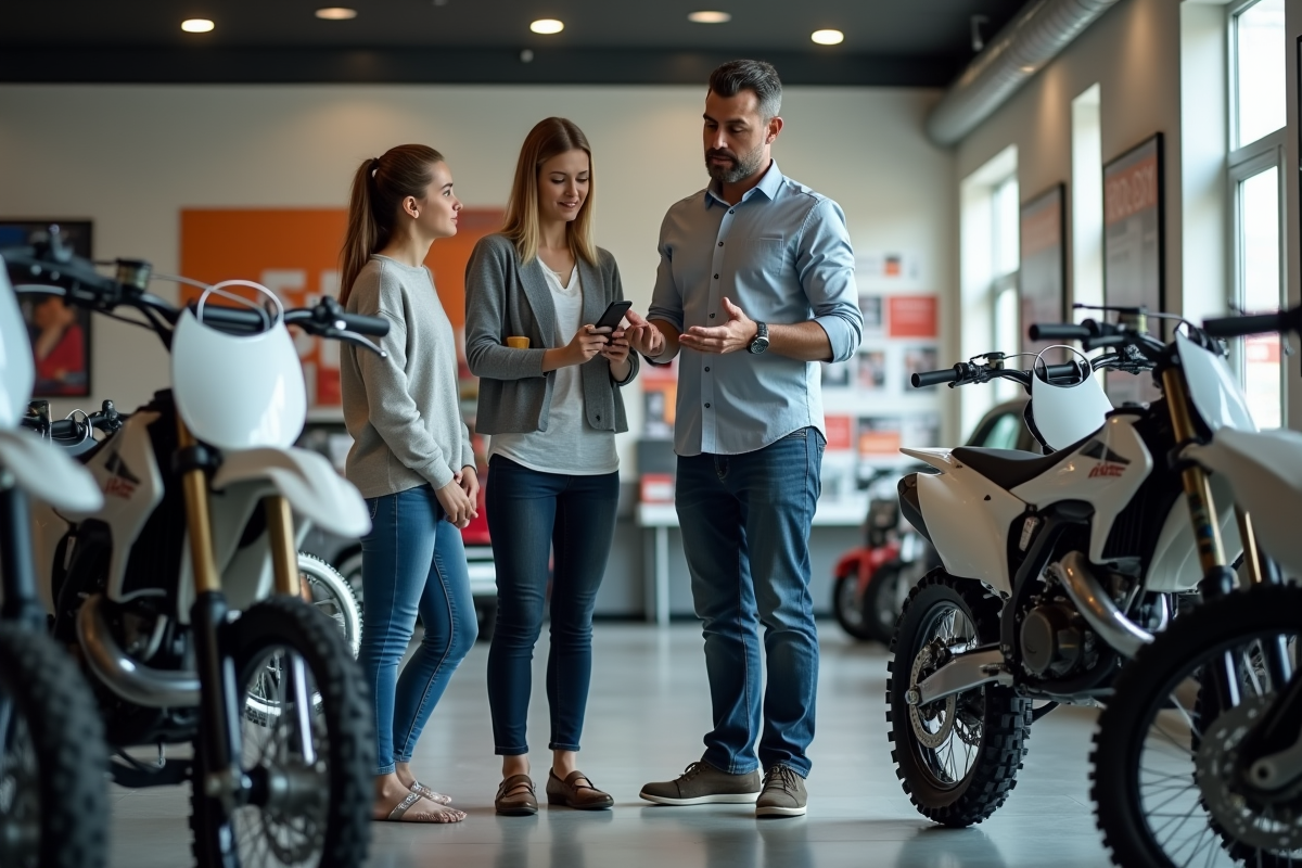 Vendeur de motos expliquant les modèles à une famille dans le showroom
