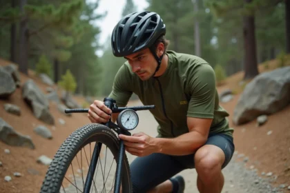 Cycliste VTT vérifiant la pression des pneus 26 pouces avec un manomètre sur un sentier de gravier en forêt