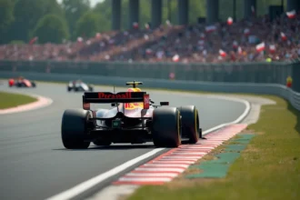 Voiture de course en pleine vitesse dans un virage sur un circuit automobile avec des spectateurs en arrière-plan