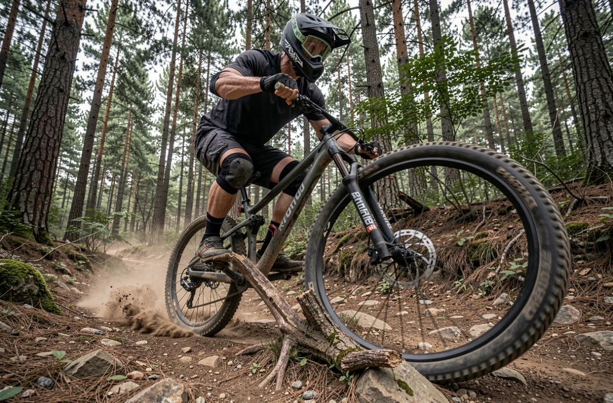Vttiste en action sur sentier rocheux avec une fourche Manitou Comp montée sur son vélo hardtail