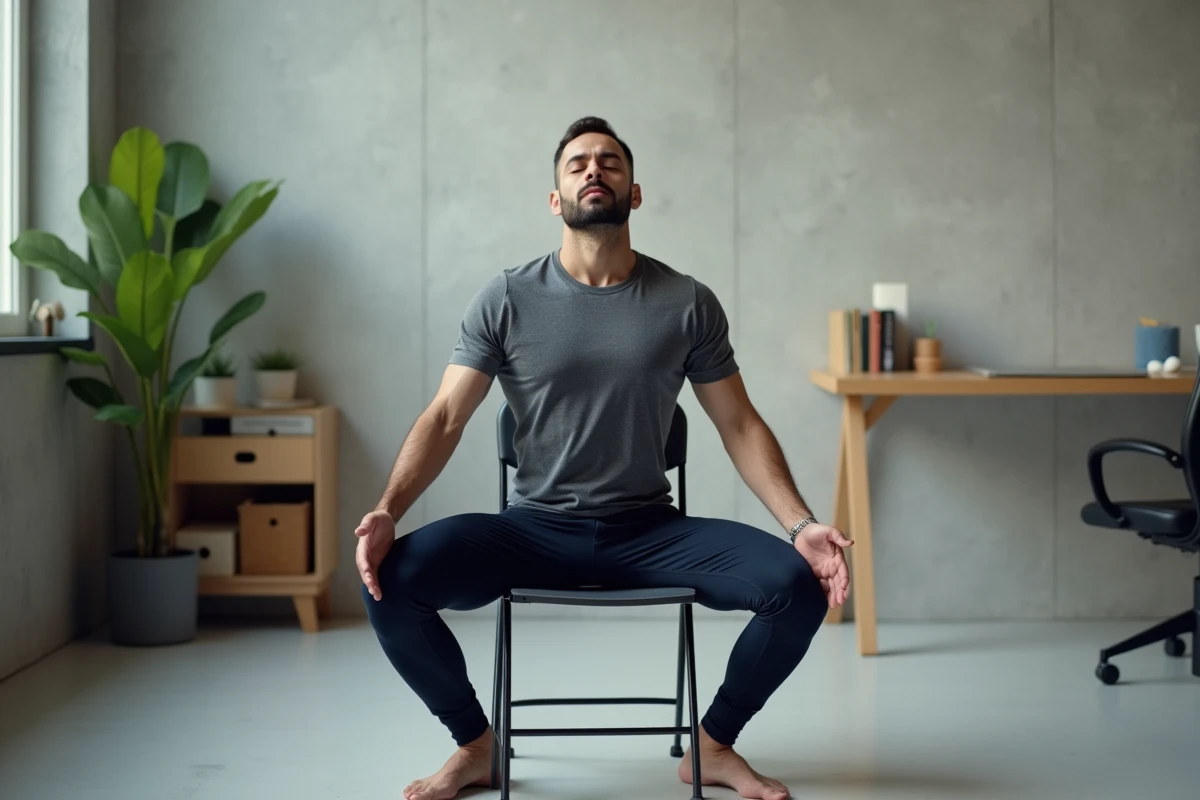 Homme pratiquant une flexion avant assise de yoga sur chaise dans un bureau moderne à domicile