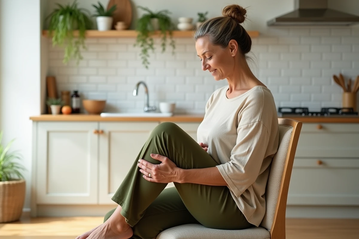Femme de 52 ans faisant un exercice de yoga sur chaise genou vers la poitrine dans une cuisine lumineuse