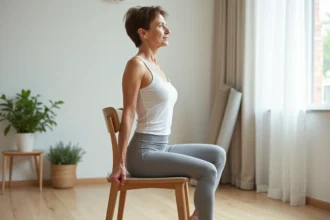 Femme de 45 ans pratiquant une torsion vertébrale de yoga sur chaise dans un salon minimaliste